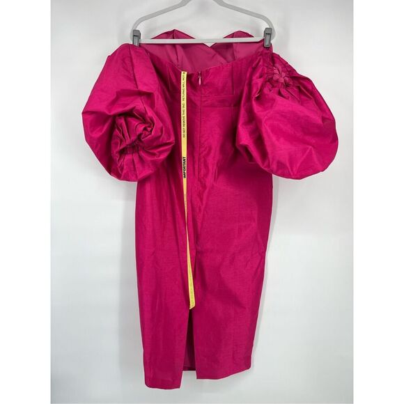 NEW Aliava Tiffany Dupioni Puff Sleeve Maxi Dress Hot Pink Midi Length Size XL - Picture 3 of 15